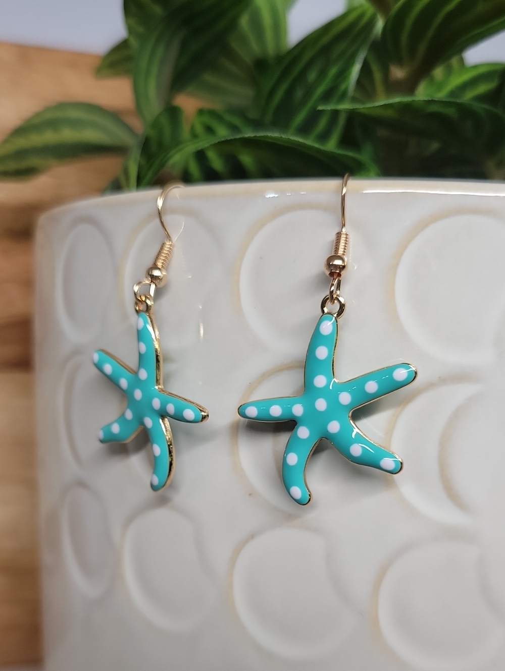 Aqua Blue Polka Dot Starfish Painted Enamel Earrings